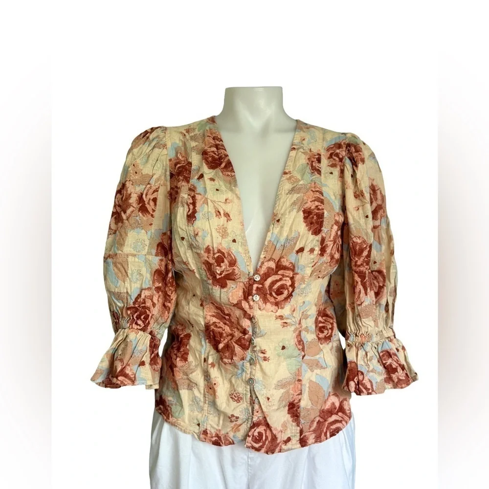 Free People Floral Puff Sleeve Blouse - Cream and Brown